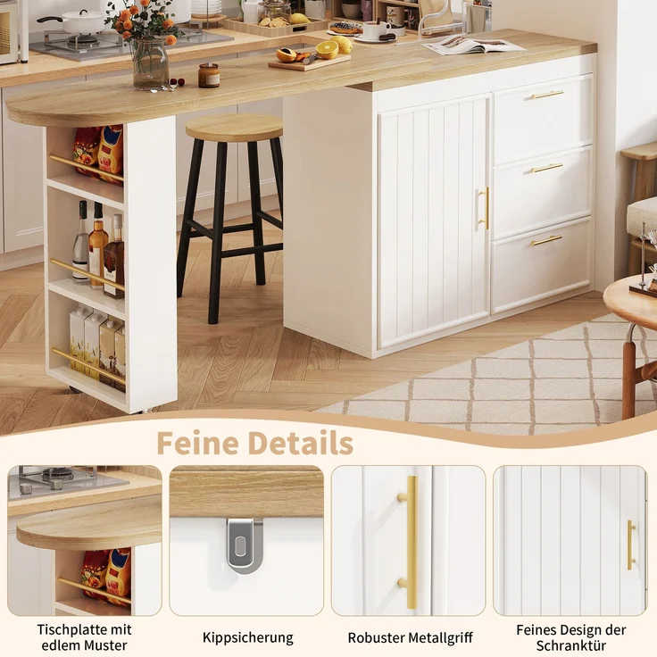 Bartisch Tisch mit 360° Drehfunktion, Verstellbare Regale & Kippschutz, 3 Schubladen & Seitenablage, Vielseitiger Stehtisch für Esszimmer, Wohnzimmer & Homeoffice--Weiß--97x54.51x16cm--YOUDENOVA – Bild 6