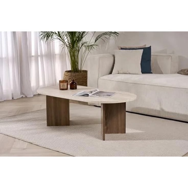 Modern Coffee Table, 119 x 40 x 60 cm, Travertine & Walnut Colors | 100% Melamine Coated Particle Board, 18 mm Thickness | Stylish & Functional Design for Contemporary Living Spaces – Bild 9
