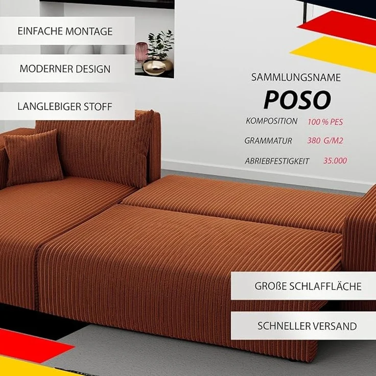 3-Sitzer-Ecksofa mit Schlaffunktion, Stauraum & beidseitig montierbarer Récamiere, Terrakotta-Farbe, 200 x 125 cm – Bild 4