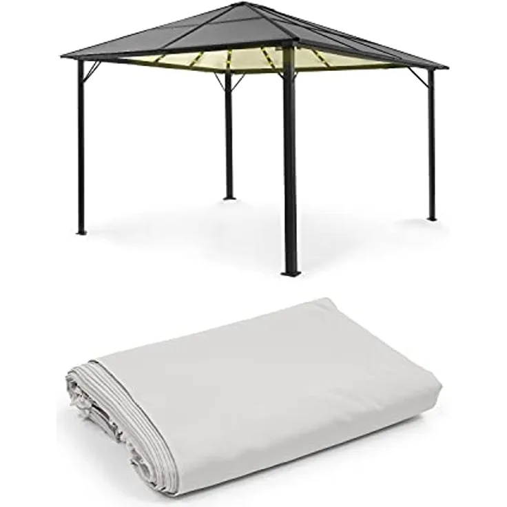 blumfeldt Pantheon Solid Sky Ambient Solar Pavillon, Komplett-Set, mit Seitenwänden, Material Gestell: Aluminium, Material Dach: Polycarbonat, mit Solar-Beleuchtung, Maße: ca. 3x4 m, hellgrau