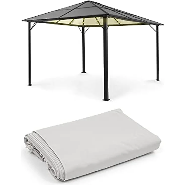 blumfeldt Pantheon Solid Sky Ambient Solar Pavillon, Komplett-Set, mit Seitenwänden, Material Gestell: Aluminium, Material Dach: Polycarbonat, mit Solar-Beleuchtung, Maße: ca. 3x4 m, hellgrau – Bild 1