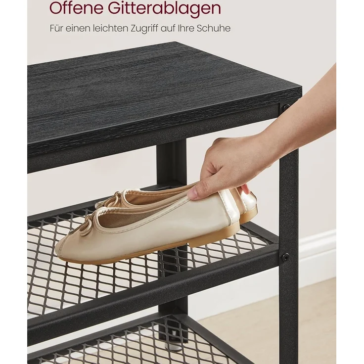 VASAGLE Schuhbank, Schuhregal mit 2 Gitterablagen, Aufbewahrung für Schuhe, 30 x 73 x 45 cm, für Eingangsbereich, Flur, Wohnzimmer, Metallgestell, Industrie-Design, ebenholzschwarz-schwarz LBS073B06 – Bild 5