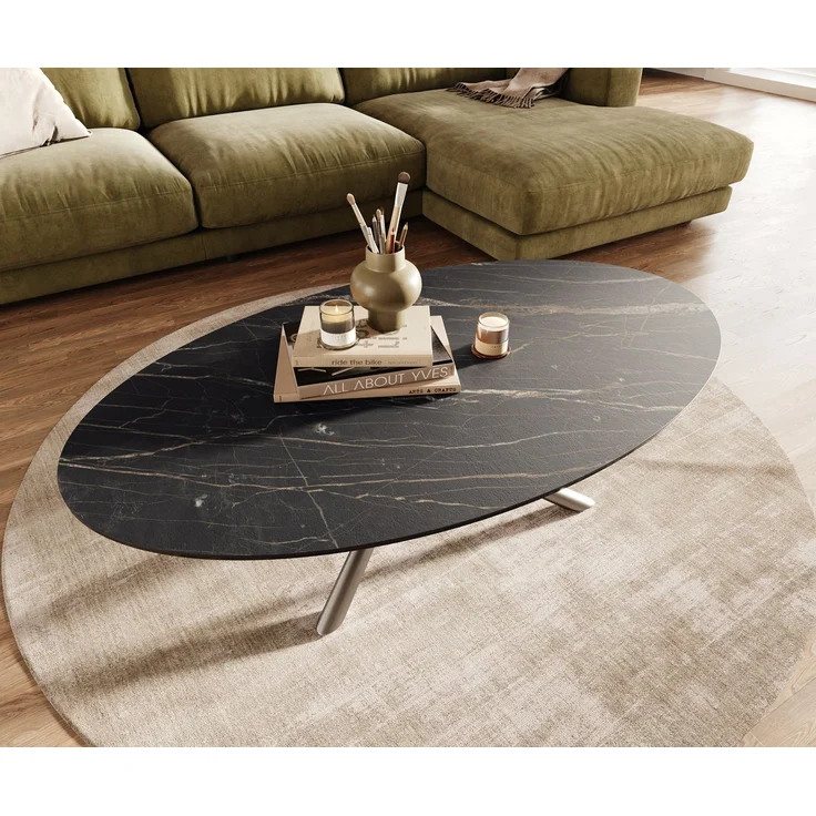 Couchtisch Edge Oval 140x80 cm Keramik Laminam® Noir Desir Braun Sarity Edelstahl gebürstet – Bild 4