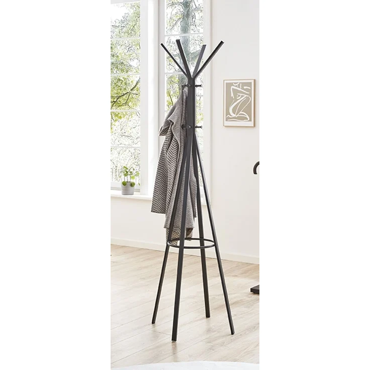 Haku Garderobenständer mit 12 Metallhaken, grau pulverbeschichtetes Stahlrohr, modernes freistehendes Design, H 175 cm, Ø 54 cm – Bild 7