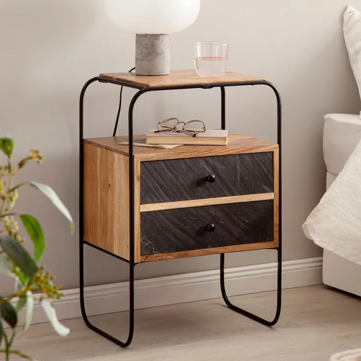 FINEBUY Nachttisch FB55691 (Akazie Massivholz Metall, 40 x 60 x 30 cm Boxspringbett), Nachtkonsole Steinoptik, Design Nachtkommode