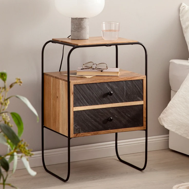 FINEBUY Nachttisch FB55691 (Akazie Massivholz Metall, 40 x 60 x 30 cm Boxspringbett), Nachtkonsole Steinoptik, Design Nachtkommode – Bild 1