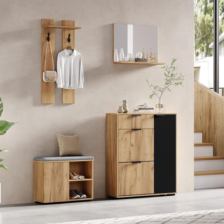 Flur-Garderoben-Set, Wandgarderobe; Garderoben-Set mit Schuhbank und Schuhschrank, 1 Spiegel, 1 Schublade, 2 Haken, 4 Türen, naturfarben und black, B140× T35 × H139 cm--Natürlich--140x35x139cm--YOUDENOVA – Bild 4