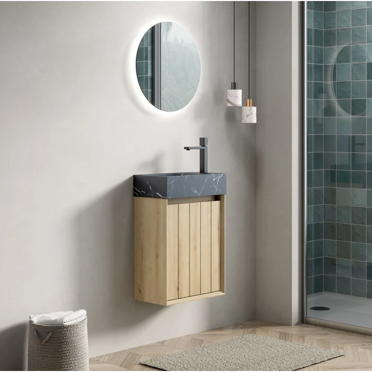 Wandwaschtisch 40 cm mit Naturmarmorbecken und Unterschrank in Weiß-Eiche-Optik – Bild 3