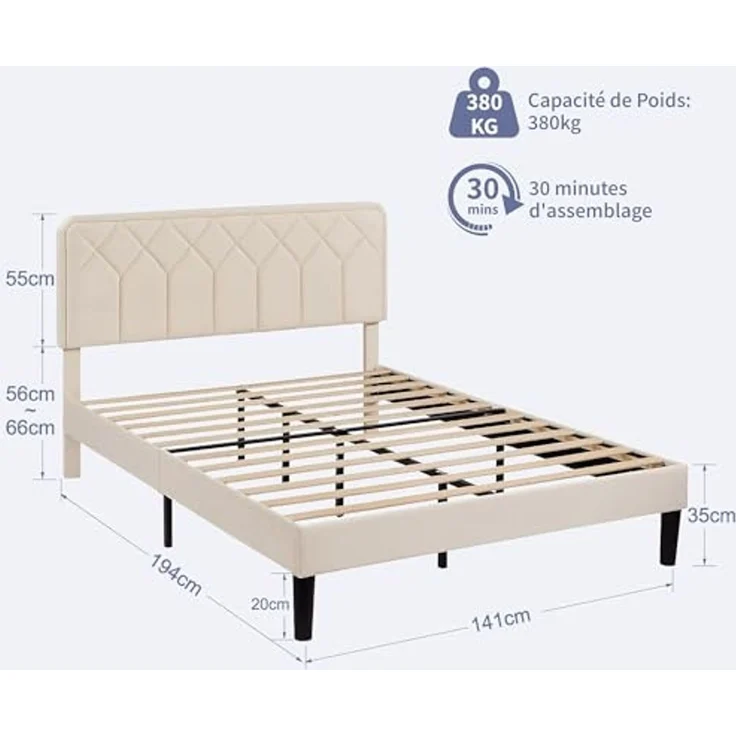 VECELO Doppelbett, gepolstert, 140 x 190 cm, Plattformrost, Lattenrost aus robustem Holz, kein Boxspringbett erforderlich, Velours-Stoff, einfach zu montieren, Beige – Bild 2