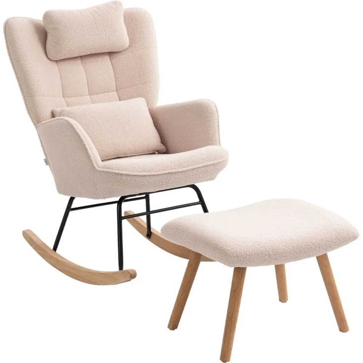 Schaukelstuhl mit Fußhocker, weicher Fleece-Bezug, Holzbeine, Kissen, hohe Rückenlehne, Schaukelsessel, Beige--Beige--101.5x70.5x99.5cm--YOUDENOVA – Bild 8