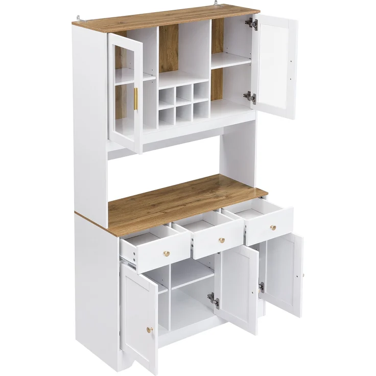 Hochschrank aus MDF mit Glastüren & Schubladen, 94,5x30x175,5 cm, Weiß/Holzoptik – Bild 8