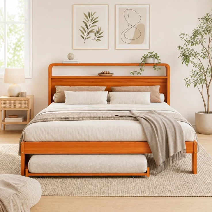 CHICFURN Ausziehbett aus Holz Natur 140x200 cm mit Gästebett 90x190 cm – Bild 4