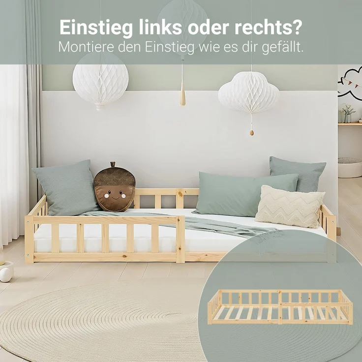 Kinderbett 90x200 Bodenbett mit Rausfallschutz Montessori Bett Kleinkindbett Holz Kiefer Natur Massiv Einzelbett Lattenrost Bettgestell – Bild 7