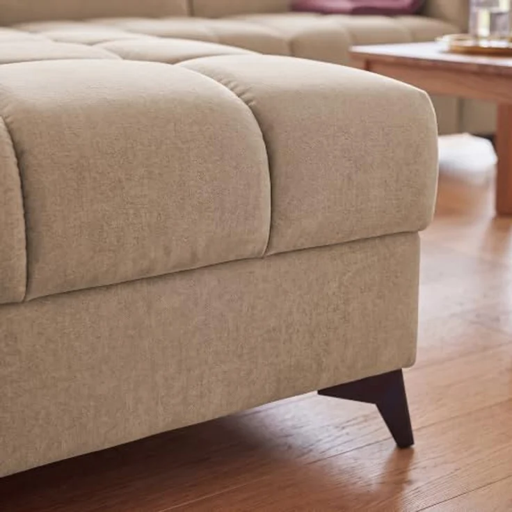 Muffo Ecksofa PUDDING L Links, Velours Beige mit Schlaffunktion 125x195 cm, verstellbaren Kopfstützen und Bettkasten – Bild 6