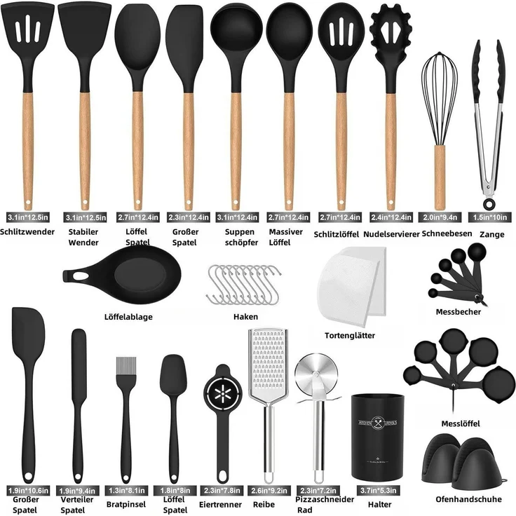 Rhein Beleuchtung Kochbesteck-Set Schwarzer Holzgriff Silikon Küchenutensilien Set 43 Teile (43-tlg, kochlöffel set, küchenhelfer, küchenutensilien), Lebensmittelechtes Silikon, Holzgriff für einfache Lagerung – Bild 2