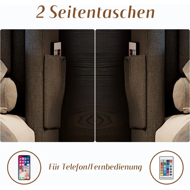 EINHOM Polsterbett 180x200 cm mit Hydraulisches, Doppelbett mit Led-Kopfteil, Baumwolle, Grau (Ohne Matratze) – Bild 4