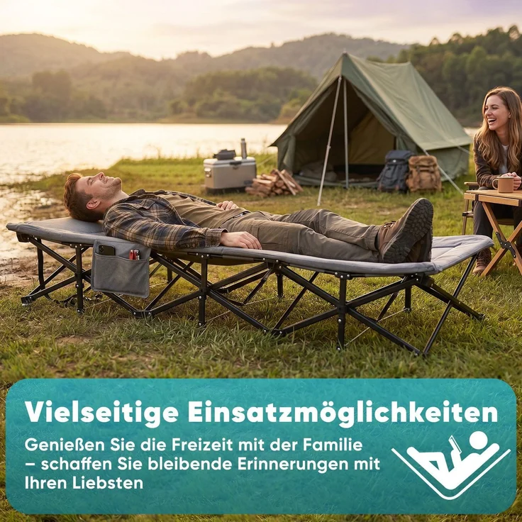 Sekey Campingbett bis 250kg, Feldbett mit integrierter Matratze, Klappbett mit Seitentasche & 14 Stützpunkten 190cm – Bild 6