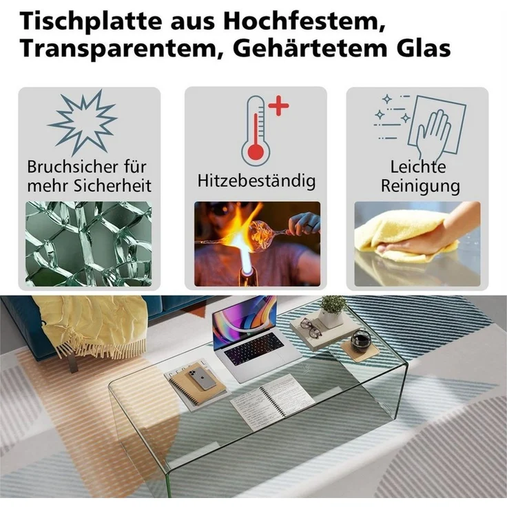 COSTWAY Couchtisch, aus gehärtetem Glas, Glastisch U-förmig, 108x50x35cm – Bild 3