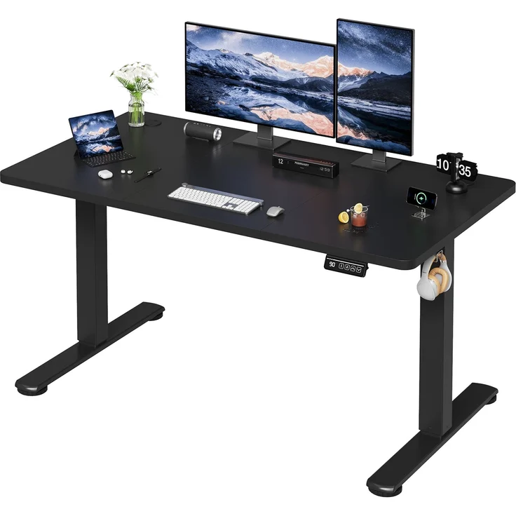 Devoko Hohenverstellbarer Schreibtisch Holzwerkstoff und Metall Schwarz 130 x 60 x 73-118 cm – Bild 2