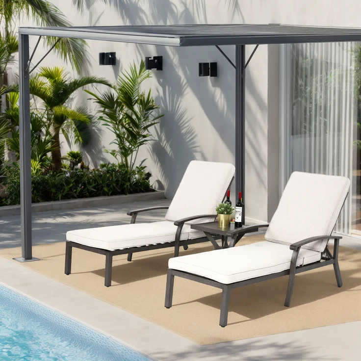 Lounge Gartenstuhl mit verstellbarer Rückenlehne, Aluminium Rahmen, bronzefarbene Pulverbeschichtung, Baumwollkissen Weiß – Bild 1