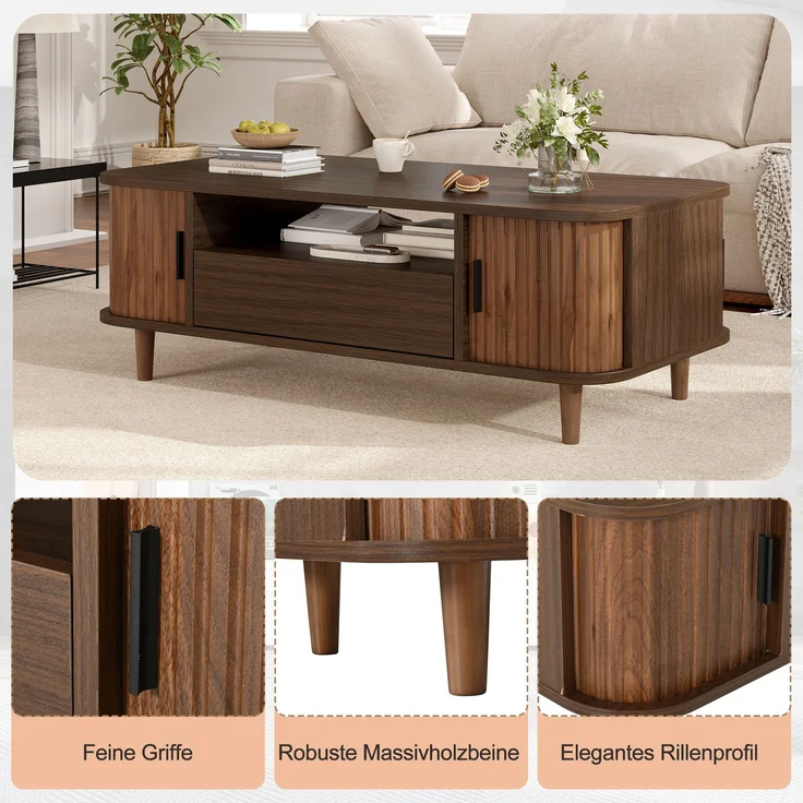 Couchtisch B 100 x T 50 x H 35 cm in Walnussholzfarbe mit Schublade und Rollladentüren – Bild 6