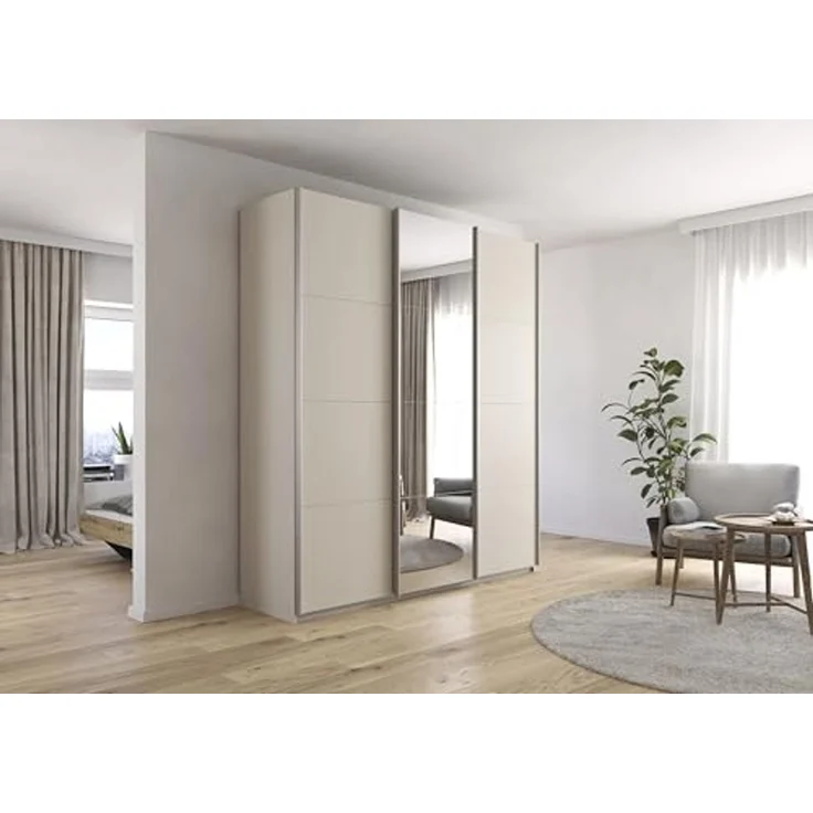 Rauch Möbel Kulmbach, Kleiderschrank mit Schwebetüren für Schlafzimmer, Kinderzimmer, Jugendzimmer, Garderobe, Flur, 3-türig, mit Spiegel, Zubehör Basic, Farbe Beige, Breite 203 cm – Bild 2