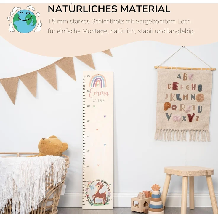 KIDSMOOD - Messlatte für Kinderzimmer Personalisiert, 70-140 cm - Messlatte Kinder Holz personalisiert Mit Namen für Baby- & Kleinkinderzimmer - Individuelles Geschenk für Kinder und Babys zum Geburt – Bild 3