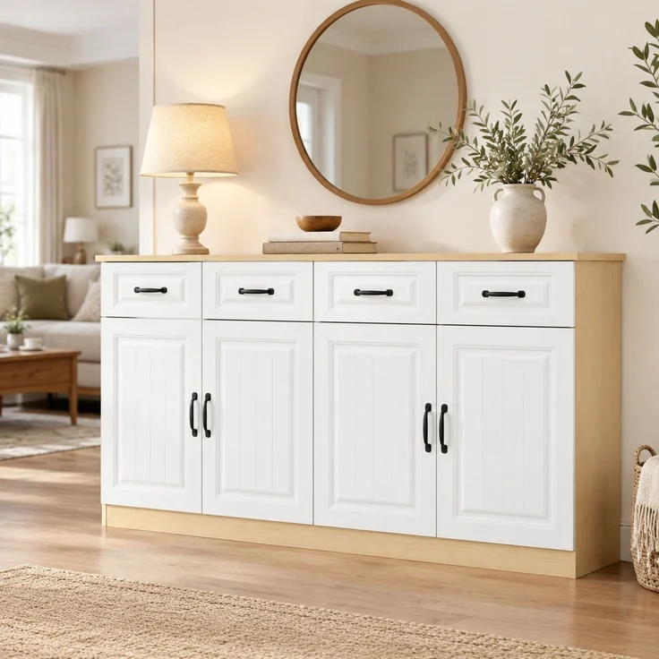 DESVIAE Sideboard mit 4 Schubladen und 4 Türen 160x80x35 cm MDF Weiß/Naturholzfarbe – Bild 2