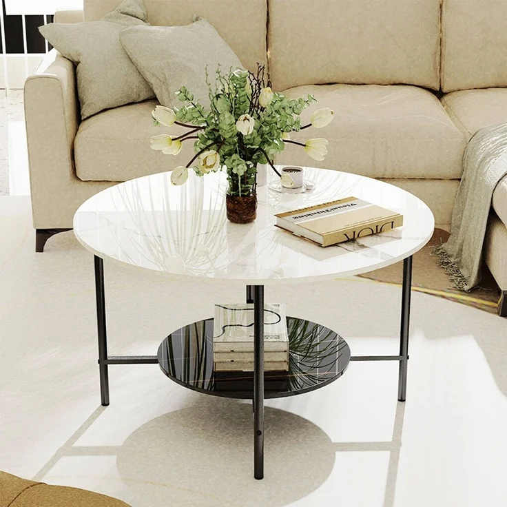 FATIVO Couchtisch Rund Wohnzimmertisch Sofatisch Luxus aus Sinterstein Wei? 51x48x80cm Metall – Bild 2