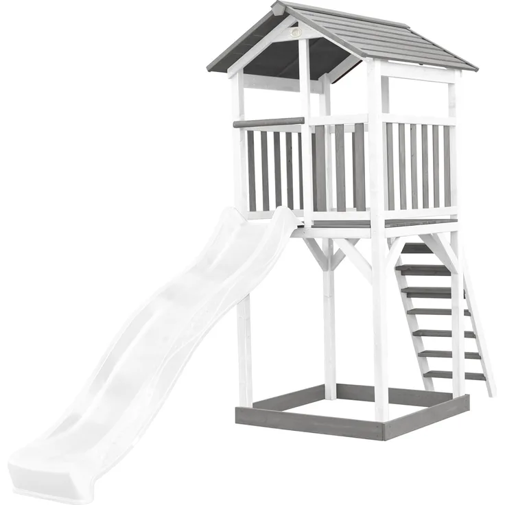 AXI Beach Tower Spielturm aus Holz in Weiß & Grau Spielhaus für Kinder mit weißer Rutsche und Sandkasten | Weiß, grau, weiß | Holz | 349 cm