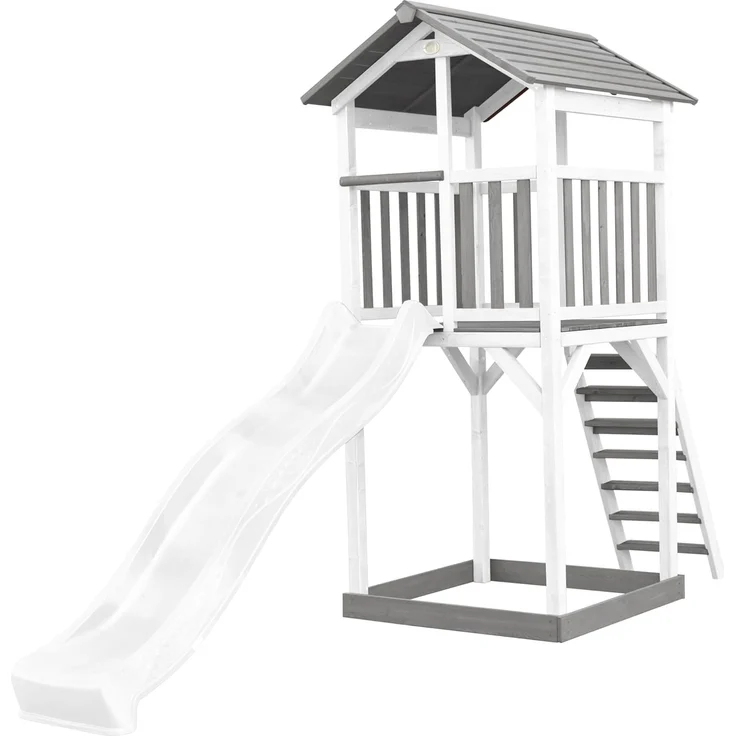AXI Beach Tower Spielturm aus Holz in Weiß & Grau Spielhaus für Kinder mit weißer Rutsche und Sandkasten | Weiß, grau, weiß | Holz | 349 cm