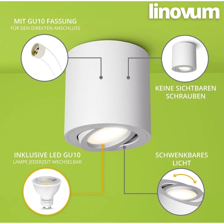 linovum LED Aufbaustrahler CORI Aufbau Deckenstrahler dimmbar weiss schwenkbar LED GU10 6,5W, Neutralweiß – Bild 3