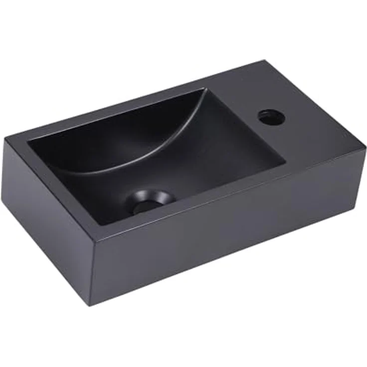 Wunderbad SOHO Waschbecken, 40x22 cm, Premium Quartz, schwarz, Handwaschbecken, flexible Wand- oder Aufsatzmontage, Hahnloch links – Bild 1