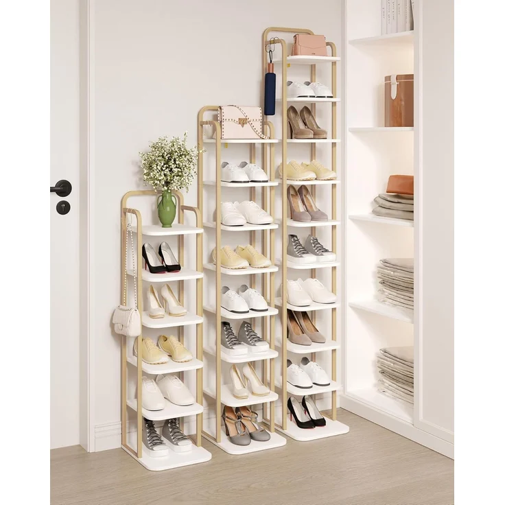 Vertikales Schuhregal, 10-stöckige Schuhregale, Schuhturm für Kleine Räume, Freistehend, Verstellbar, Platzsparend, Weiß Gold – Bild 4