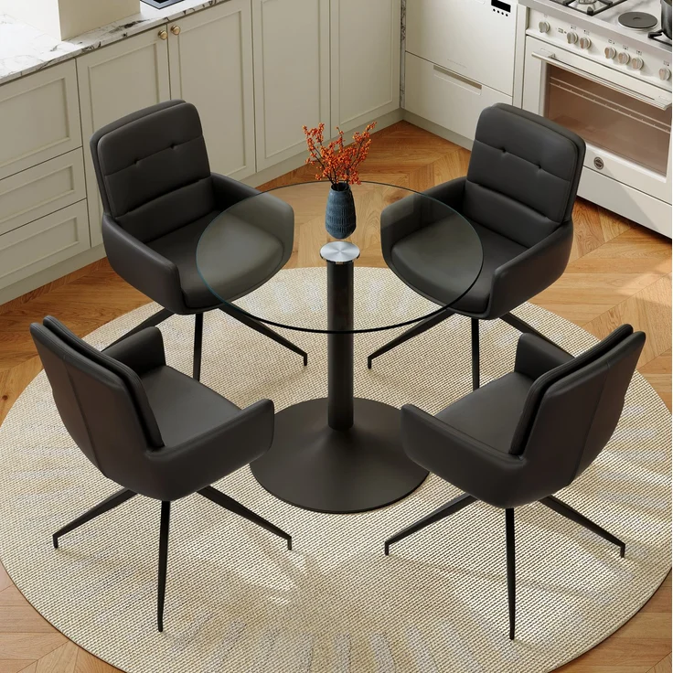 Essgruppe mit Glastisch Ø 85x76 cm und drehbaren PU-Stühlen, Schwarz/Transparent – Bild 4
