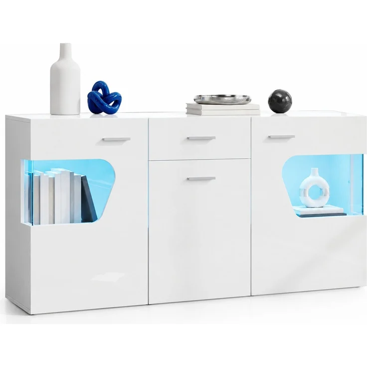 DESVIAE Sideboard Weiß aus MDF – 140x70x33 cm – 3 Türen, Schublade, LED-Beleuchtung – Bild 7