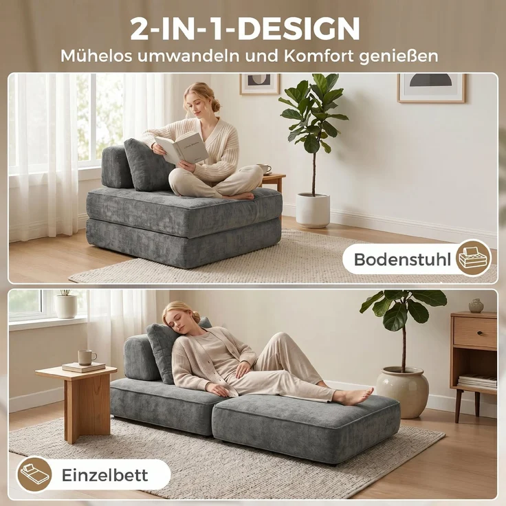 MELAYR, 2-in-1 Boneless Cloud Schlafsessel, 97 x 97 x 70 cm, Grau – Bild 6