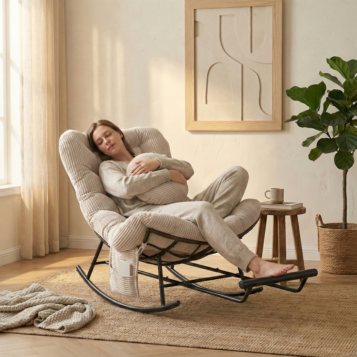 LVHOM Schaukelstuhl mit ausziehbarer Fußstütze, Rattanstuhl mit Stahlrahmen, Schaukelsessel mit gepolstertem Kissen und Seitentasche, Lounge Sessel, 1 St, Beige – Bild 2