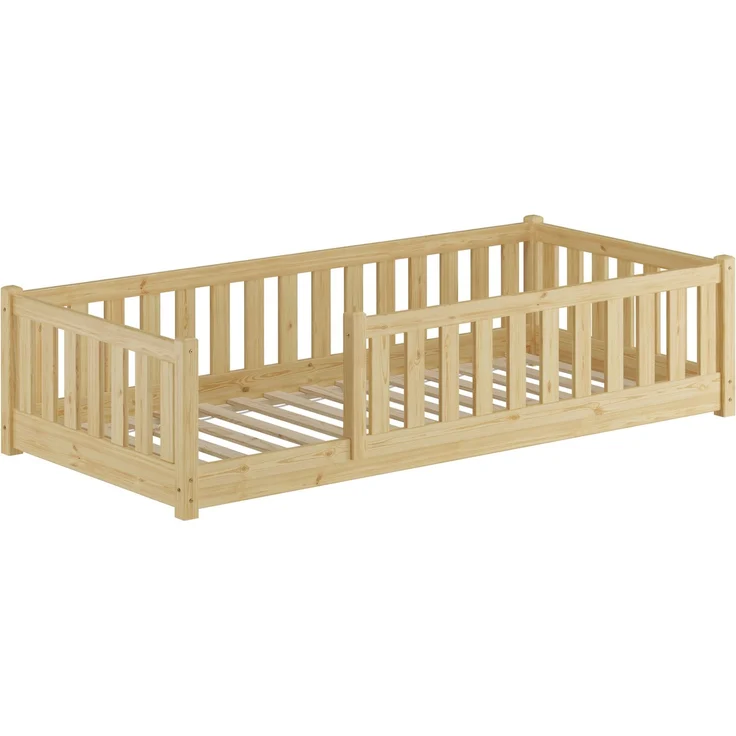 Kinderbett, Holzbett 90x200 mit Rundumsicherung Kiefer natur lackiert V-60.77-09Rollrost inkl. – Bild 1