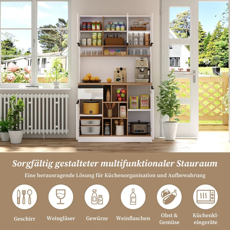 EINHOM 105 x 45 x 185 cm, Weißer moderner Küchenschrank, Buffet, Sideboard, Hochglanztüren, Metallgriffe, Verstellbare Regale, Schubladen, Offener Stauraum, Kippschutz, Geeignet für Küche, Esszimmer und Wohnzimmer – Bild 2