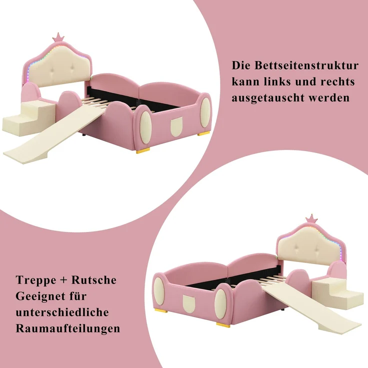 Merax Polsterbett 90x200cm, Crown Cartoon Bett, Mit Multi-Mode-LED-Streifen, Kinderbett mit kleiner Rutsche und Treppe, mit schützenden weichen Kanten, mit Holzlatten, PU, Rosa + Beige – Bild 7