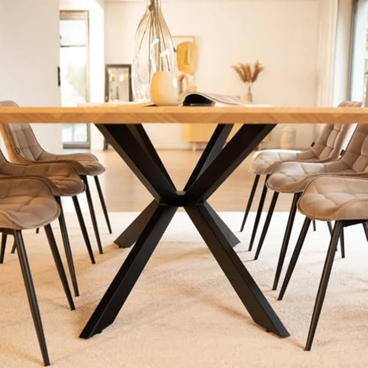 HOME DELUXE Essgruppe Eckig AVENCIA inkl. Sternfuß - 200 x 120 cm Fishbone Oak 4 Stühle Creme – Bild 4