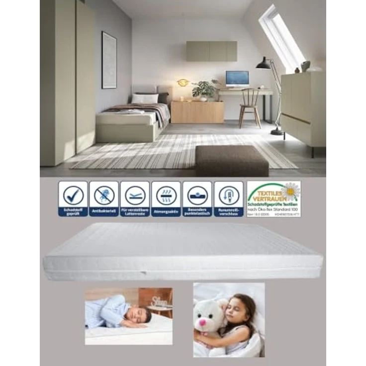 Jugendzimmer Luis in Eukalyptus und Eiche – in verschiedenen Set-Varianten oder als Einzelmöbel - 7 teilig , Kleiderschrank 2-türig · Hängeschrank · Schreibtisch inkl. Kommode · Jugendbett 90×200 cm · Lattenrost · Kommode · Kaltschaummatratze – Bild 2