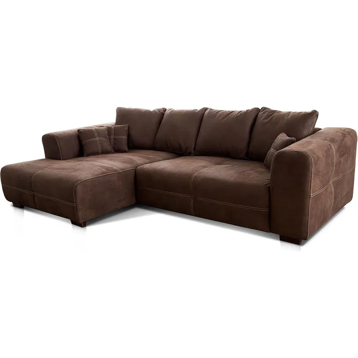 Cavadore Ecksofa Mavericco / XXL Couchecke inkl. Kissen / Longchair links / Industrial Style / 285 x 69 x 170 (BxHxT) / Mikrofaser Dunkelbraun