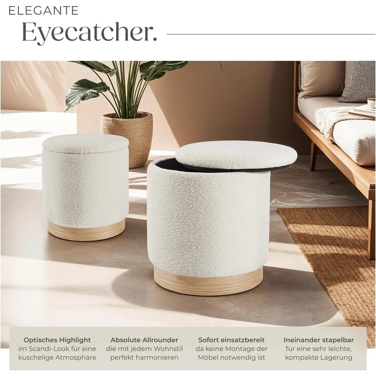 tectake Sitzhocker 2er Set Sitzhocker mit Stauraum, rund – Bild 4