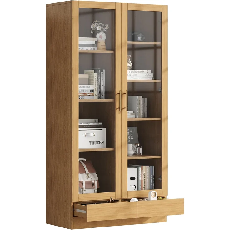 Glasvitrine (Büroschrank/Bücherregal/Aktenschrank/Aufbewahrungsregal) – Versetzte, nicht verstellbare Fachböden, grifflose Push-To-Open-Schubladen, 80*40*160 cm, Holzfarbe--Naturholz--80x40x160cm--YOUDENOVA – Bild 7