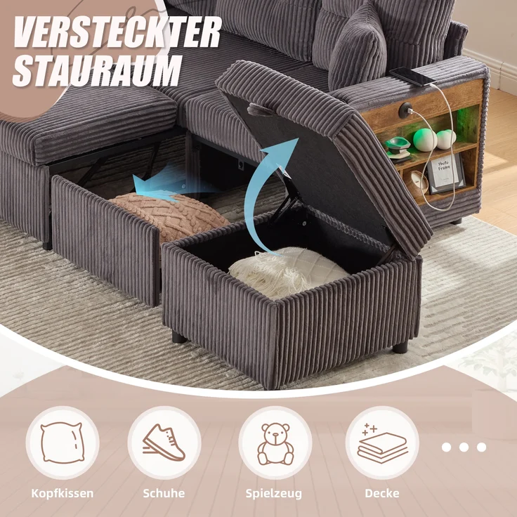 LVHOM Schlafsofa mit LED & USB, Ecksofa mit Ablagefächern, Schublade und Becherhaltern, Schlafcouch aus Cordstoff, frei Kombination, 196x144x85 cm – Bild 9