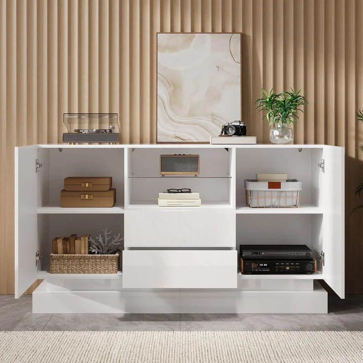ZUBALIYA Sideboard 140x40x80 cm, mit LED-Beleuchtung, Hochglanz, mit 2 Türen, aus Spanplatte, Weiß – Bild 3