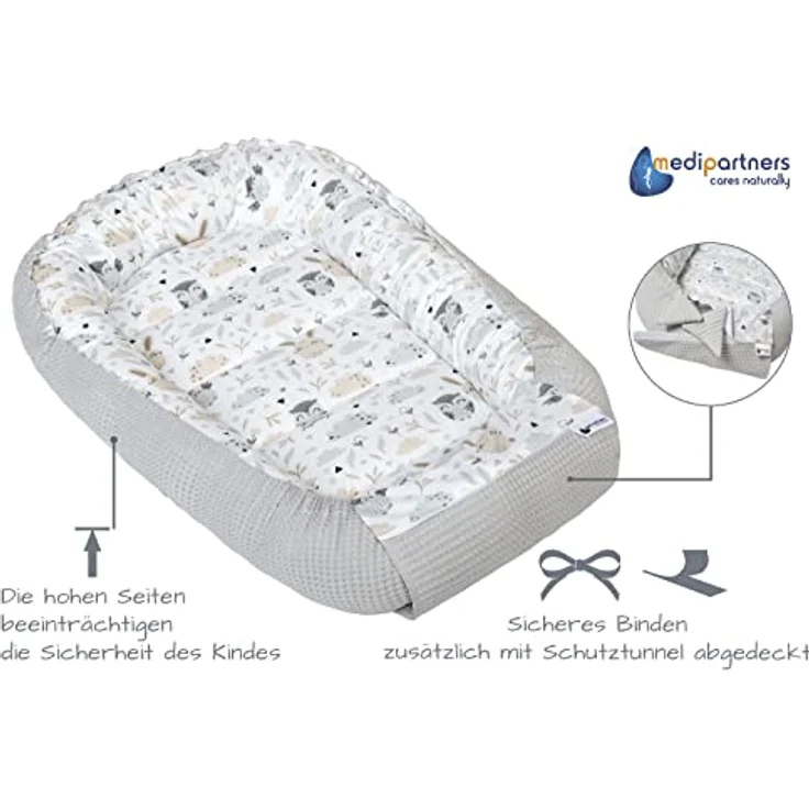 Medi Partners Babynest Kuschelnest Babynestchen 100% Baumwolle Waffle Nestchen Reisebett für Babys Säuglinge 100 x 60 x 15 cm Sicherer Verschluss (Lichtung mit Grauer Waffle) – Bild 3