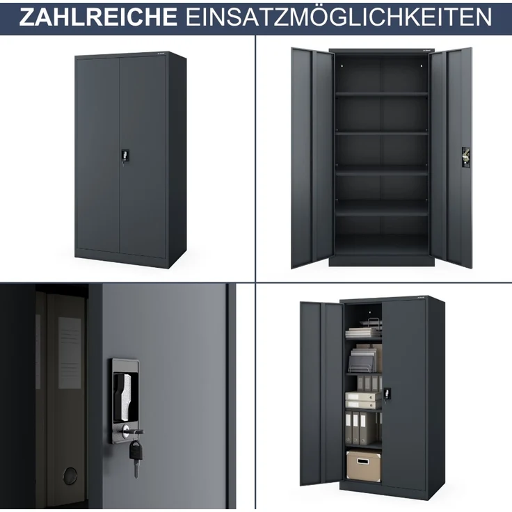 Aktenschrank abschließbar KADO - 5 Ebenen verstellbar, Flügeltüren | Metallschrank Werkstatt Mehrzweckschrank Büroschrank aus Stahl Werkzeugschrank, 185 x 90 x 60 cm Anthrazit – Bild 6